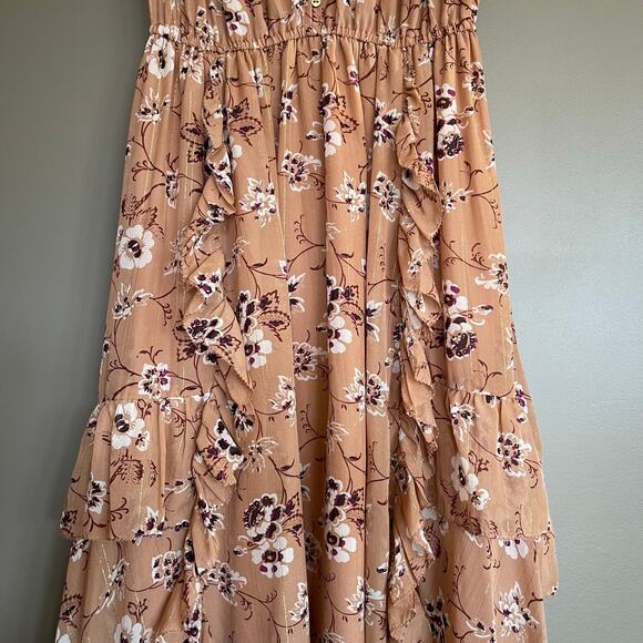 ULLA JOHNSON Ciel Dress In Cafe Size 2 Tan Silk Gold Metallic Floral Flowy Midi - Picture 6 of 16